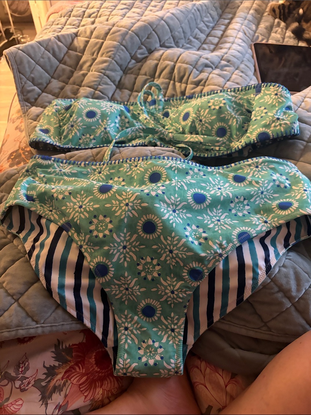Roller Rabbit Teal and Navy Striped Bandeau Bikini 1x